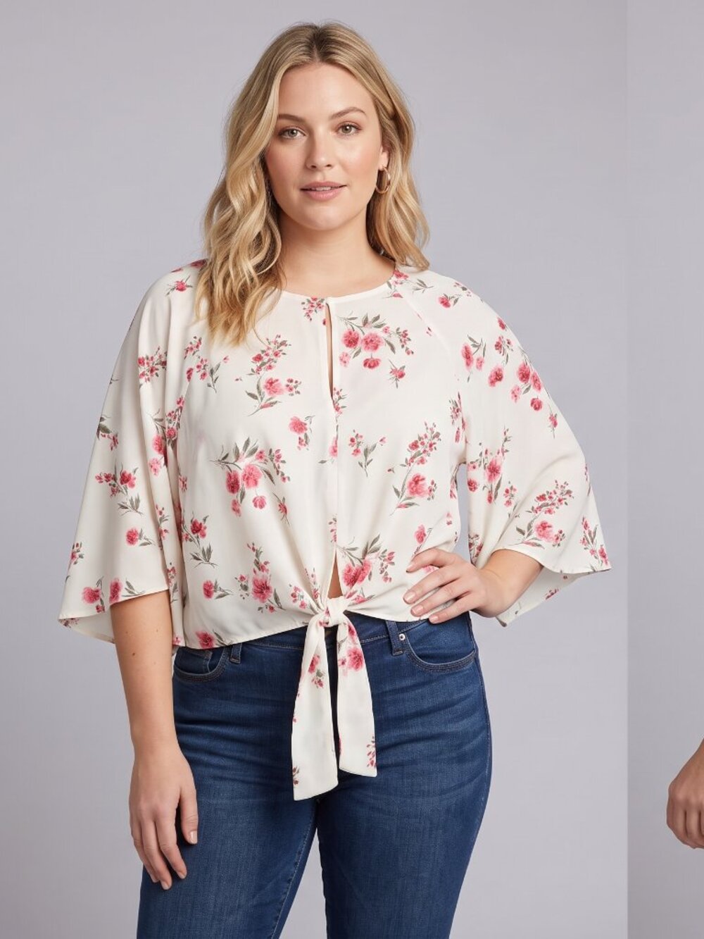 NWT Peach Love California Ivory Pink Floral Tie Front Crop Top - Size Large